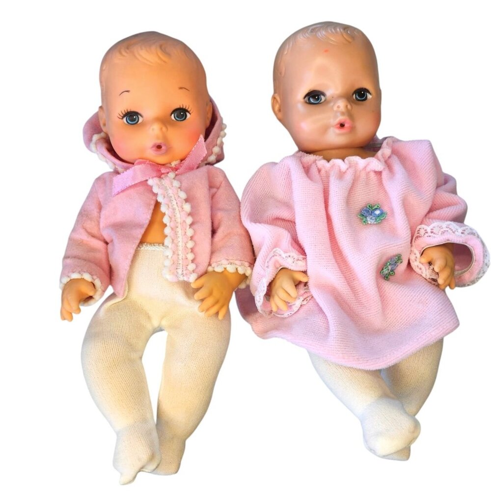 VTG 70s Playmates Drink Wetters Vinyl Baby Girl Dolls Twins Molded Hair 10" 1975